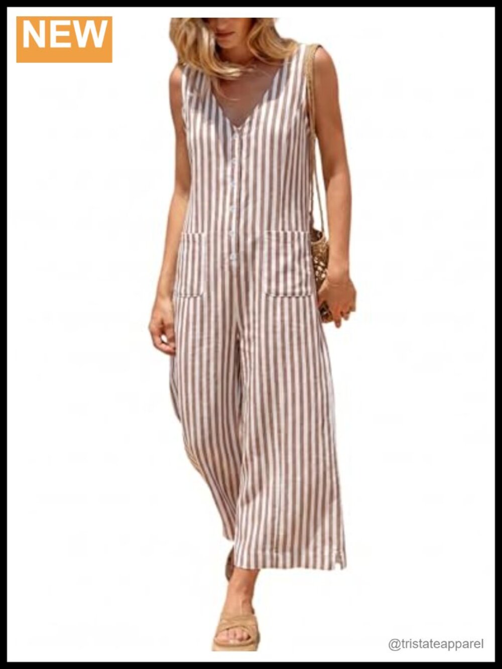 Sleeveless Striped Button Down Wide Leg Jumpsuit with Pockets